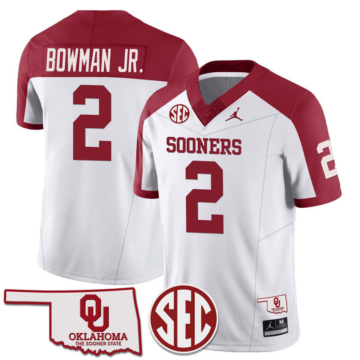 Men Oklahoma Sooners #2 Bowman jr White 2024 SEC Patch Vapor Premier Limited NCAA Jersey style 1